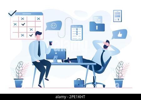 Handsome businessmen or clerks talking on modern workplace. Break time background. Time management and teamwork concept. Male characters in trendy sty Stock Vector