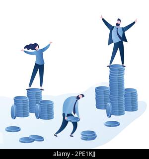 Successful business people stand on stacks of coins and unsuccessful with a few coins.Inequality profit or payment background,male and female characte Stock Vector