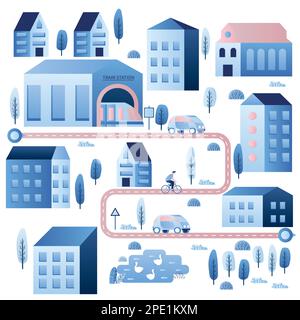Urban background with various buildings and main road with different transport. Landscape in simple trendy style. Vector illustration Stock Vector