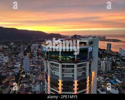 George Town, Penang, Malaysia - Sep 26 2022: Aerial view Komtar the top building during dramatic sunset hour Stock Photo