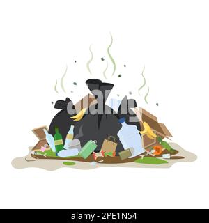 Big smelly pile of garbage. Bad smell trash. Waste recycling. Isolated on white background. Flat vector illustration Stock Vector