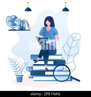 Beauty girl student sitting on pile of books. Female character reading book or magazine. Education or learning concept. Various school elements and si Stock Vector