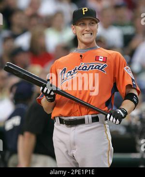 Pittsburgh Pirates' Jason Bay, of Canada, reacts after