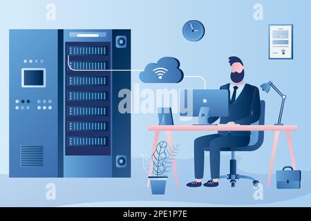 Handsome system administrator online monitors the operation of servers. Male employee on modern workplace. Wireless control systems concept. Trendy st Stock Vector