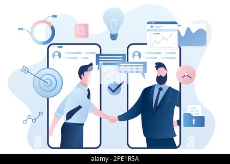 Online agreement concept background. Handshake after successful negotiations. Businesspeople on smartphones screen. Male characters and elements in tr Stock Vector