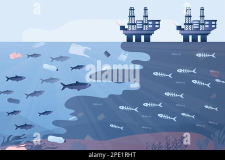 Ocean pollution card template. Offshore Oil Rigs and underwater wildlife. Living and dead fish swim in polluted water. Flat Vector illustration. Stock Vector