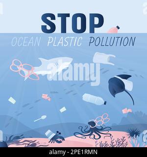 Underwater world with plastic trash and various garbage. Stop ocean plastic pollution text. Fish and underwater animals at risk. Ecology concept backg Stock Vector