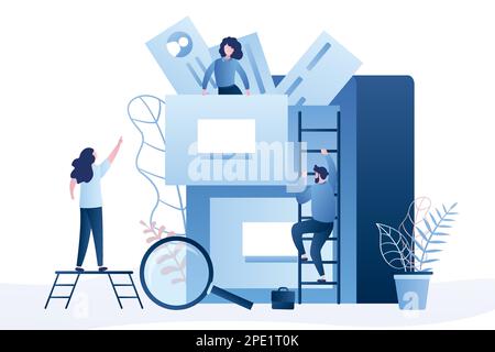 Quick files search. Document archiving and storage. Various business people and large storage. Male and female characters in trendy style. Vector illu Stock Vector
