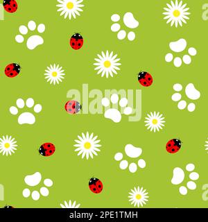 Paws animal with ladybug on green background summer natural seamless pattern. Stock Vector