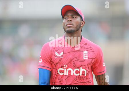 Jofar Archer during the Bangladesh-England 3rd and final T20I match of three match series at Sher-e-Bangla national Cricket Stadium, Mirpur, Dhaka, Ba Stock Photo