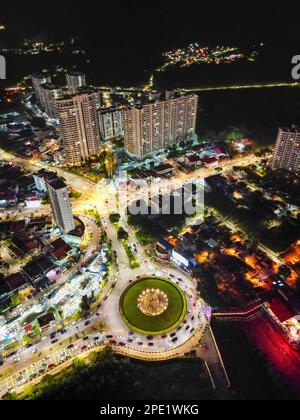 Gurney, Penang, Malaysia - Sep 24 2022: Aerial vertical view roundabout of car traffic at Gurney Stock Photo