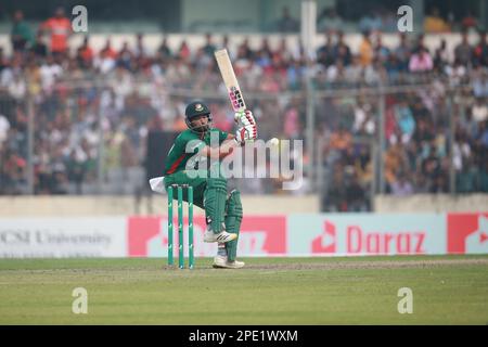 Nazmul Hasan Shanto bats during the Bangladesh-England 3rd and final T20I match of three match series at Sher-e-Bangla national Cricket Stadium, Mirpu Stock Photo