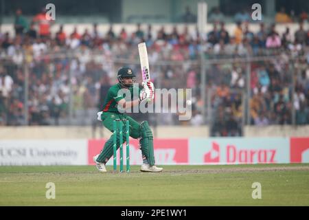 Nazmul Hasan Shanto bats during the Bangladesh-England 3rd and final T20I match of three match series at Sher-e-Bangla national Cricket Stadium, Mirpu Stock Photo