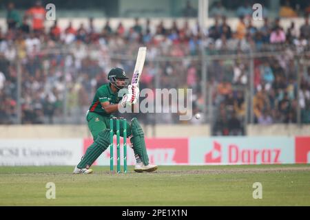 Nazmul Hasan Shanto bats during the Bangladesh-England 3rd and final T20I match of three match series at Sher-e-Bangla national Cricket Stadium, Mirpu Stock Photo