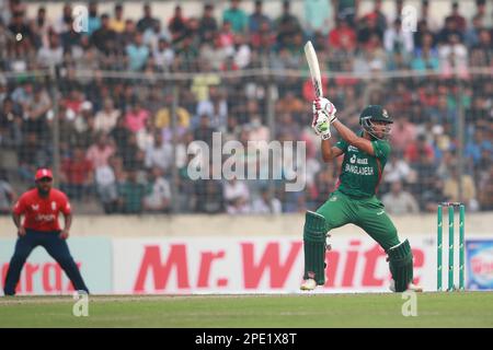 Nazmul Hasan Shanto bats during the Bangladesh-England 3rd and final T20I match of three match series at Sher-e-Bangla national Cricket Stadium, Mirpu Stock Photo