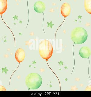Watercolor seamless pattern cartoon hot air balloons. Hand painted on a white background. For design, prints, fabric or background. Stock Photo