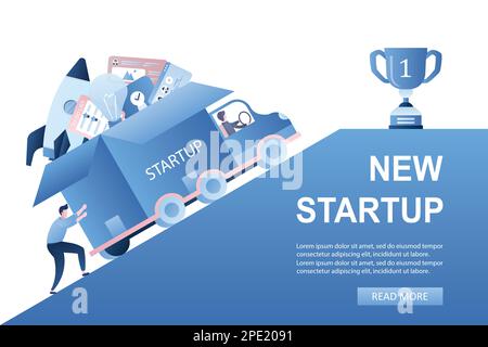 Businessman pushing a truck with various business elements and apps in open box. Winner cup on top. New startup landing page template. Design in trend Stock Vector