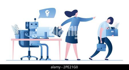 New robot on workplace and businesswoman dismissed woman worker. Boss fire female employee. Business people characters and signs in trendy style. Arti Stock Vector