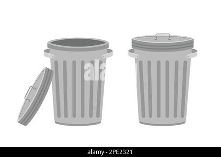 Metal trash can. Garbage cans with open and closed cover. Isolated on white background. Fkat vector illustration Stock Vector