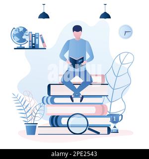 Handsome man student sitting on pile of books. Male character reading book or textbook. Education or learning concept. Various school elements and sig Stock Vector