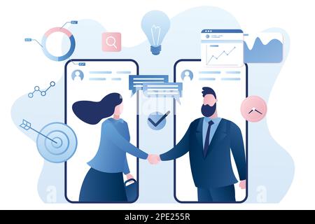 Online agreement concept background. Handshake after successful negotiations. Businesspeople on smartphones screen. Male and female characters and ele Stock Vector