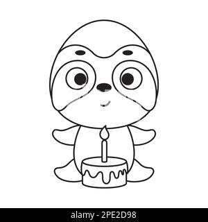 Coloring page cute little sloth with birthday cake. Coloring book for kids. Educational activity for preschool years kids and toddlers with cute anima Stock Vector