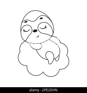 Coloring page cute little sloth sleeping on cloud. Coloring book for kids. Educational activity for preschool years kids and toddlers with cute animal Stock Vector