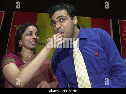 Chess wizard Viswanathan Anand during an interaction with his dancer-wife  Aruna Anand in Chennai on