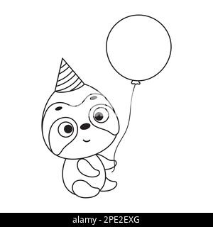 Coloring page cute little sloth in birthday hat hold balloon. Coloring book for kids. Educational activity for preschool years kids and toddlers with Stock Vector