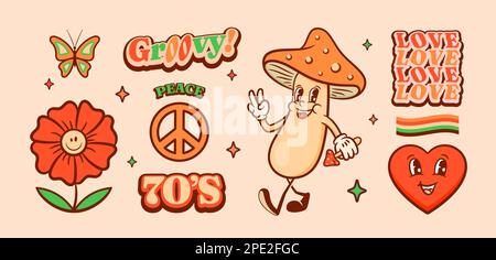 Groovy trippy retro cartoon set. Happy fly agaric mushroom, heart, flower and butterfly with 70s style lettering quotes for peace and love. Vector Stock Vector