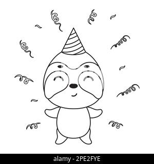 Coloring page cute little sloth in birthday hat. Coloring book for kids. Educational activity for preschool years kids and toddlers with cute animal. Stock Vector