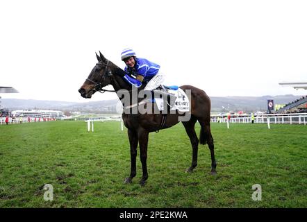 Jockey Paul Townend celebrates after winning the Betway Queen Mother Champion Chase aboard Energumene on day two of the Cheltenham Festival at Cheltenham Racecourse. Picture date: Wednesday March 15, 2023. Stock Photo