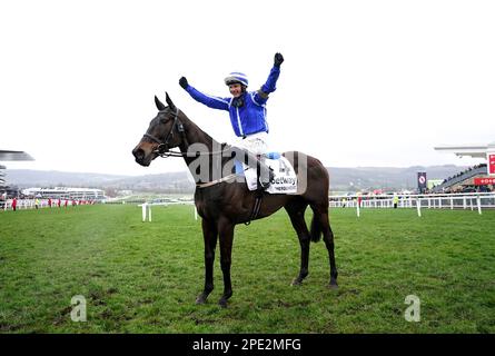 Jockey Paul Townend celebrates after winning the Betway Queen Mother Champion Chase aboard Energumene on day two of the Cheltenham Festival at Cheltenham Racecourse. Picture date: Wednesday March 15, 2023. Stock Photo