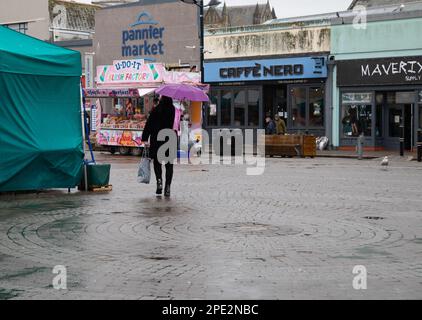 Truro,UK,15th March 2023,Truro was empty on a dull and rainy Market Day on Lemon Quay. The forecast is for heavy rainfall, 11C light rain showers and a moderate breeze for the rest of the day.Credit: Keith Larby/Alamy Live News Stock Photo