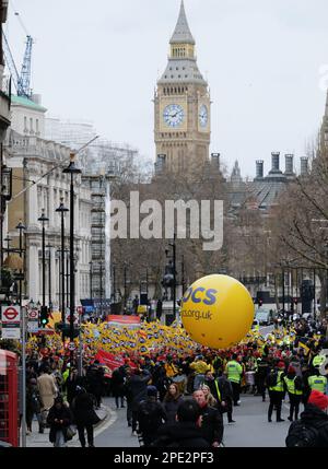 London, UK. 15th March 2023. Striking workers including teachers, doctors and civil servants in London. Credit: Matthew Chattle/Alamy Live News Stock Photo