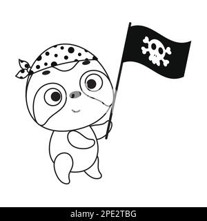 Coloring page cute little sloth with pirate flag. Coloring book for kids. Educational activity for preschool years kids and toddlers with cute animal. Stock Vector