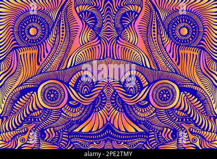 Motley symmetrical hippie trippy psychedelic abstract pattern with intricate wavy ornaments, bright neon multicolor color texture. Stock Vector
