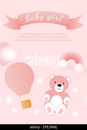 Baby shower banner with balloon, clouds and text Girl on pink ...