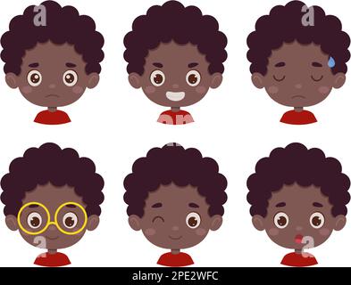 Cute cartoon little kid african boy in various expressions and gesture. Cartoon child character showing different emotions. Vector illustration. Stock Vector