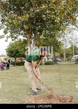 Islamabad, Pakistan. 15th Mar, 2023. A man plants a tree during a spring tree plantation drive in Islamabad, Pakistan, on March 15, 2023. Credit: Ahmad Kamal/Xinhua/Alamy Live News Stock Photo