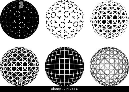 Set of abstract decorative spheres with geometric pattern isolated. 3D style dashed Abstract balls. Vector illustration Stock Vector