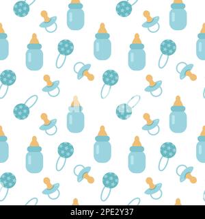 Seamless pattern with bottle, nipple and rattle on white background. It s a boy. Vector illustration Stock Vector