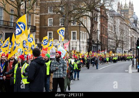 London ,United Kingdom  -15/03/2023. Members of the UK trade union for Civil & Public Servants known as PCS are seen demonstrating for fairer pay on W Stock Photo