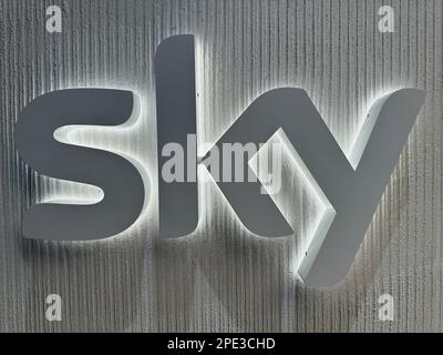 London, England - March 11 2023 : Sky logo outside a store in Westfield shopping mall London Stock Photo