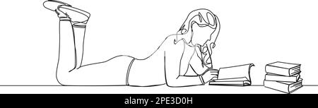 continuous single line drawing of woman on floor in prone position reading a book, line art vector illustration Stock Vector