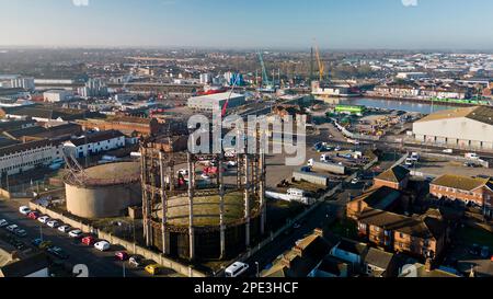 6th February 2023. Great Yarmouth, Norfolk.  Aerial view of construction of Yarmouth's 3rd River crossing from the east side.  Work was halted the very next day when a WWII unexploded bomb was dredge up on the far bank just left of new bridge structure.  The UXB was safely detonated in place a four days later after causing major disruption to local businesses and residents who had been evacuated. Stock Photo