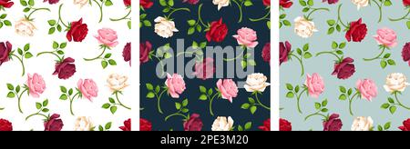 Floral seamless patterns with red, pink, burgundy, and white rose flowers on white, dark blue, and celadon backgrounds. Set of vector seamless backgro Stock Vector
