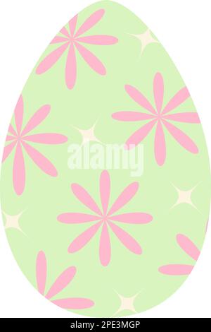 Easter egg in trendy green with pattern of abstract stars and flowers. Happy Easter. Holiday. Sticker. icon. Isolate. Design for poster, banner, brochures or greeting, price tag, label or booklet. EPS Stock Vector