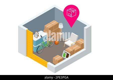 Isometric interior of a modern storage room for a warehouse of home appliances, lamps, armchairs, boxes, bicycles and other things. Warehouse of Stock Vector