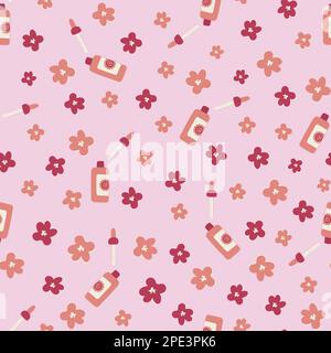 Seamless pattern in flat style with cosmetics packaging and plant element. Vector illustration Stock Vector
